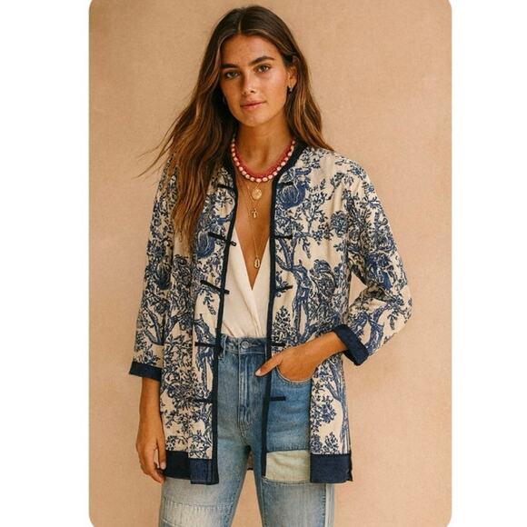 Soft Surroundings Jackets & Blazers - SOFT SURROUNDINGS COTTON/LINEN BLEND MANDARIN COLLAR KIMONO TUNIC NAVY Medium